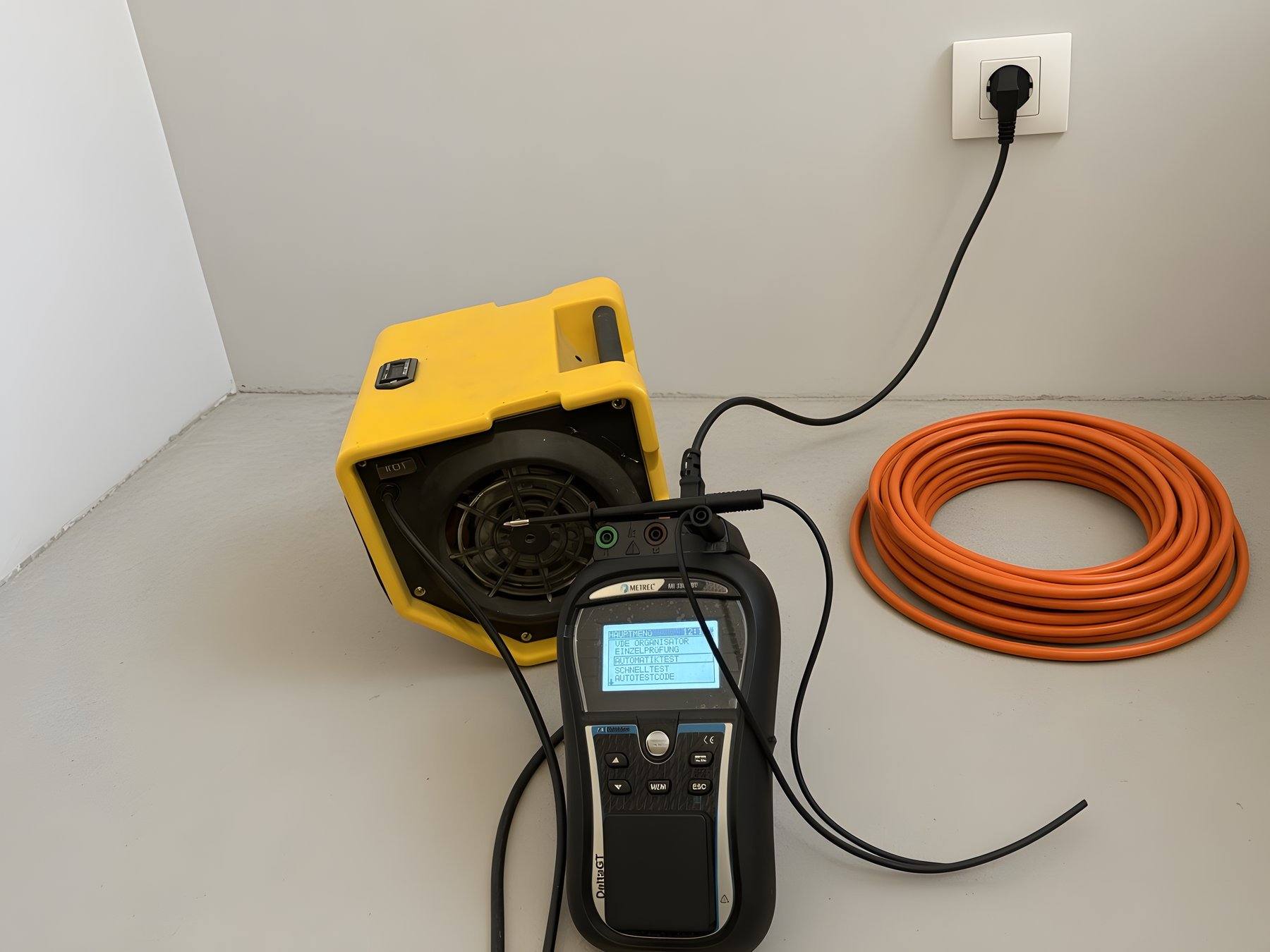 Prüfgerät neben einem Bautrockner auf der Baustelle
