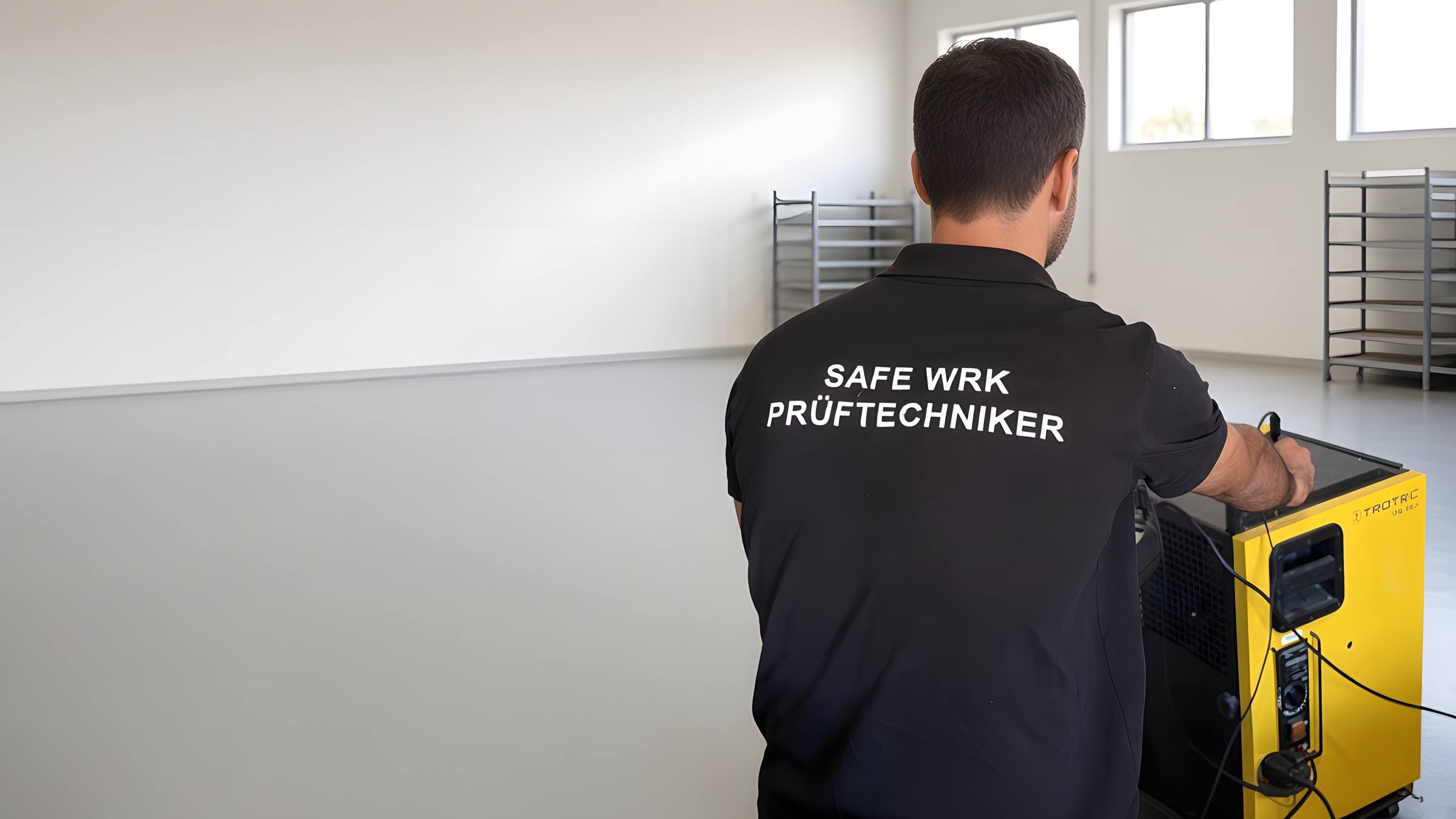 Prüftechniker von SAFE WRK prüft einen Bautrockner in einer Produktionshalle